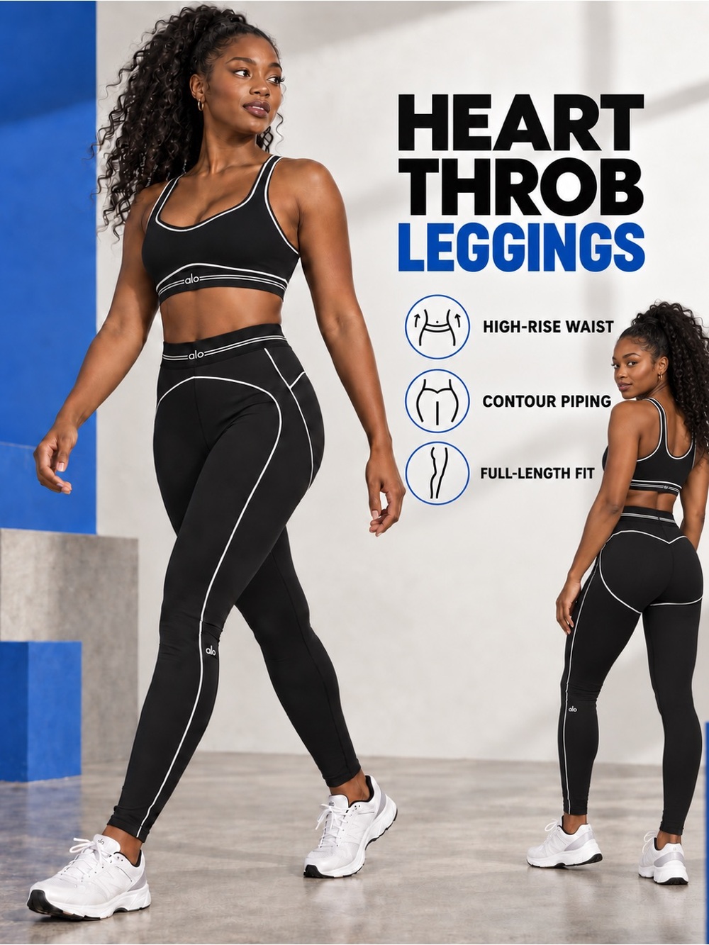 ALO SET Yoga Heart Throb Contour  Bra &Leggings - (NWOT) Black with White Piping